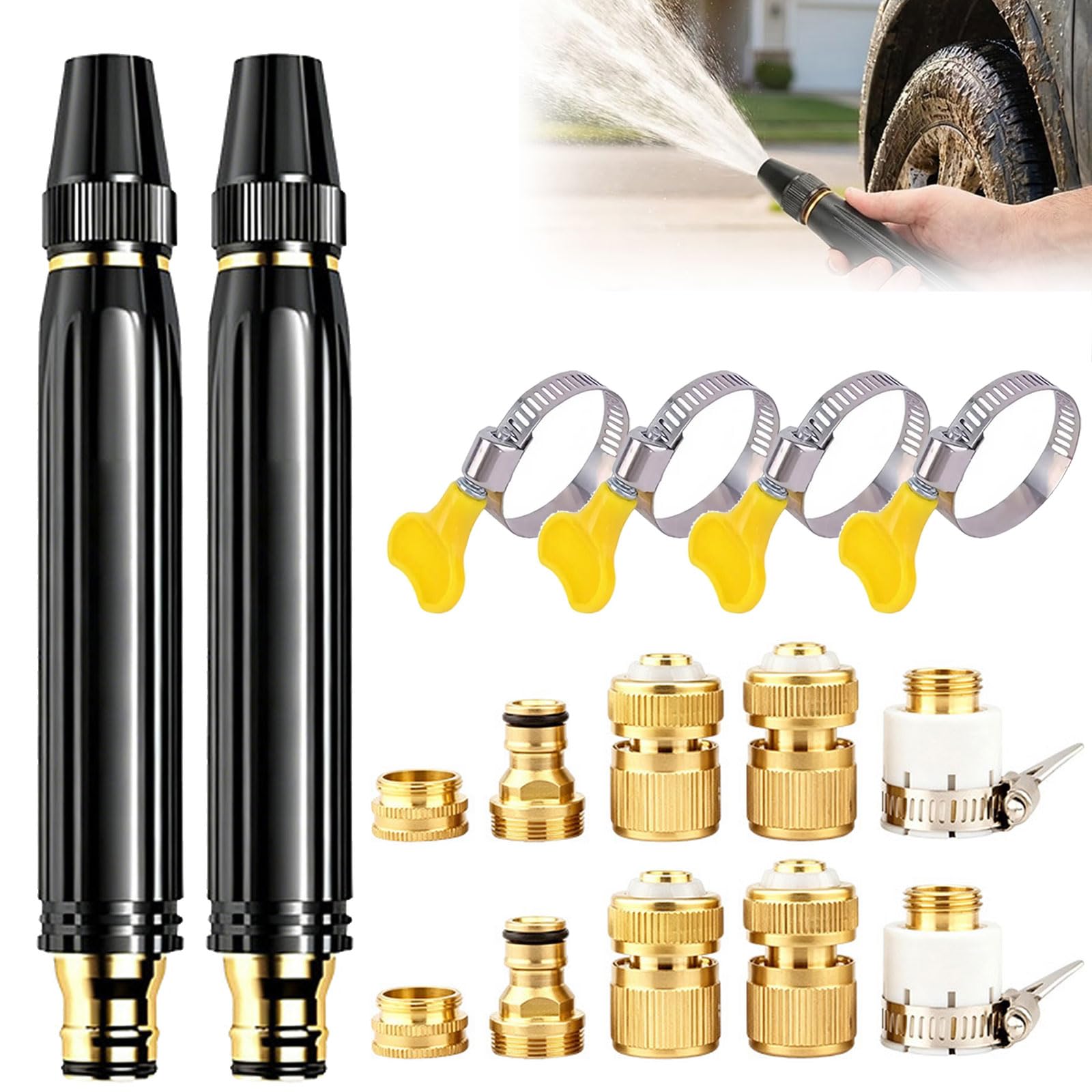 Boquilla de manguera de alta presión, resistente, 3 patrones de pulverización ajustables, varita turbo de metal con 5 conectores y 2 abrazaderas de manguera para jardinería y limpieza al aire libre