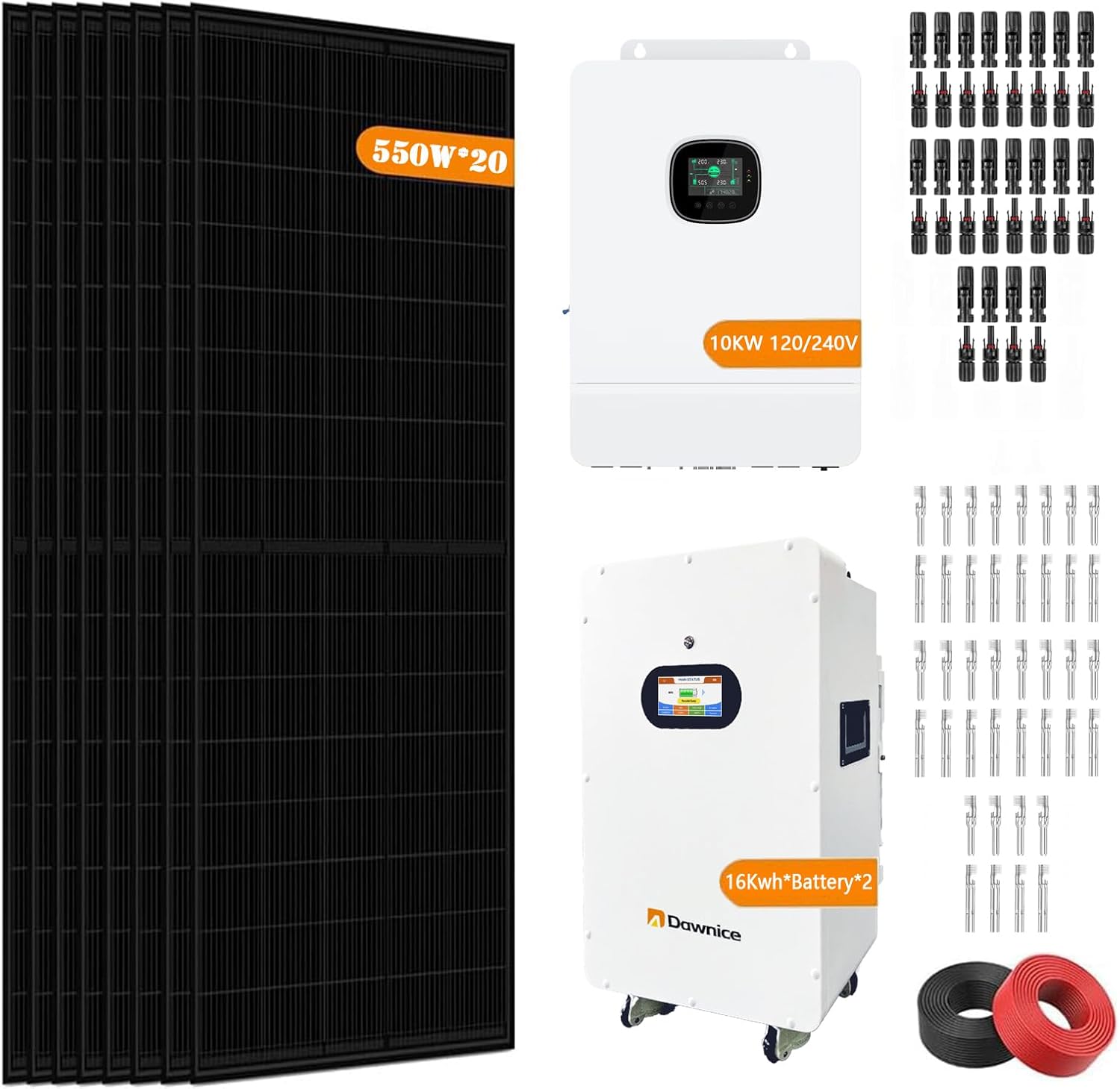 11KW Off-Grid Solar Power System Complete Kit with 20PCS Bificial 550W Solar Panels 10KW Solar Storage Inverter with MPPT Controller 48V 314Ah 16Kwh LiFePO4 Battery*2 120/240Vac