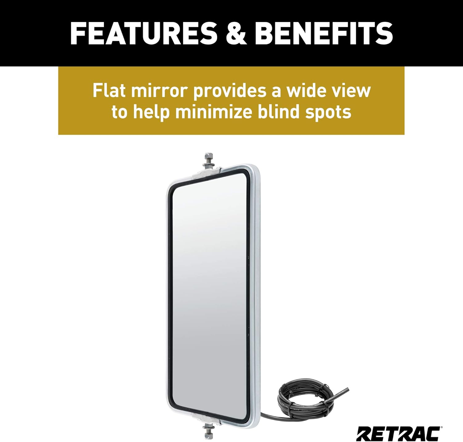 RETRAC 601288 7 x 16-Inch Stainless Steel Rounded Angle-Back Heated, Lighted West Coast Mirror Head, Universal Driver or Passenger Side, Chrome