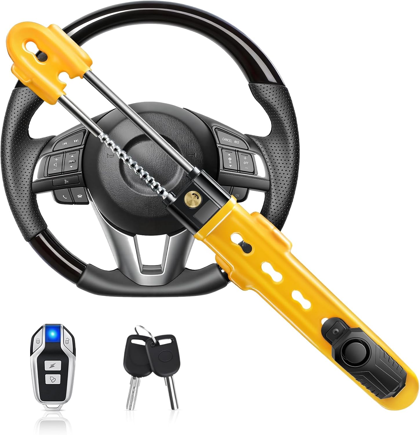 Steering Wheel Lock with 113dB Alarm, Heavy Duty Anti-Theft Car Device with Adjustable Length Locking Upgrade to Dual Protection Universal Fit for Cars Trucks Vans and SUVs (Yellow)