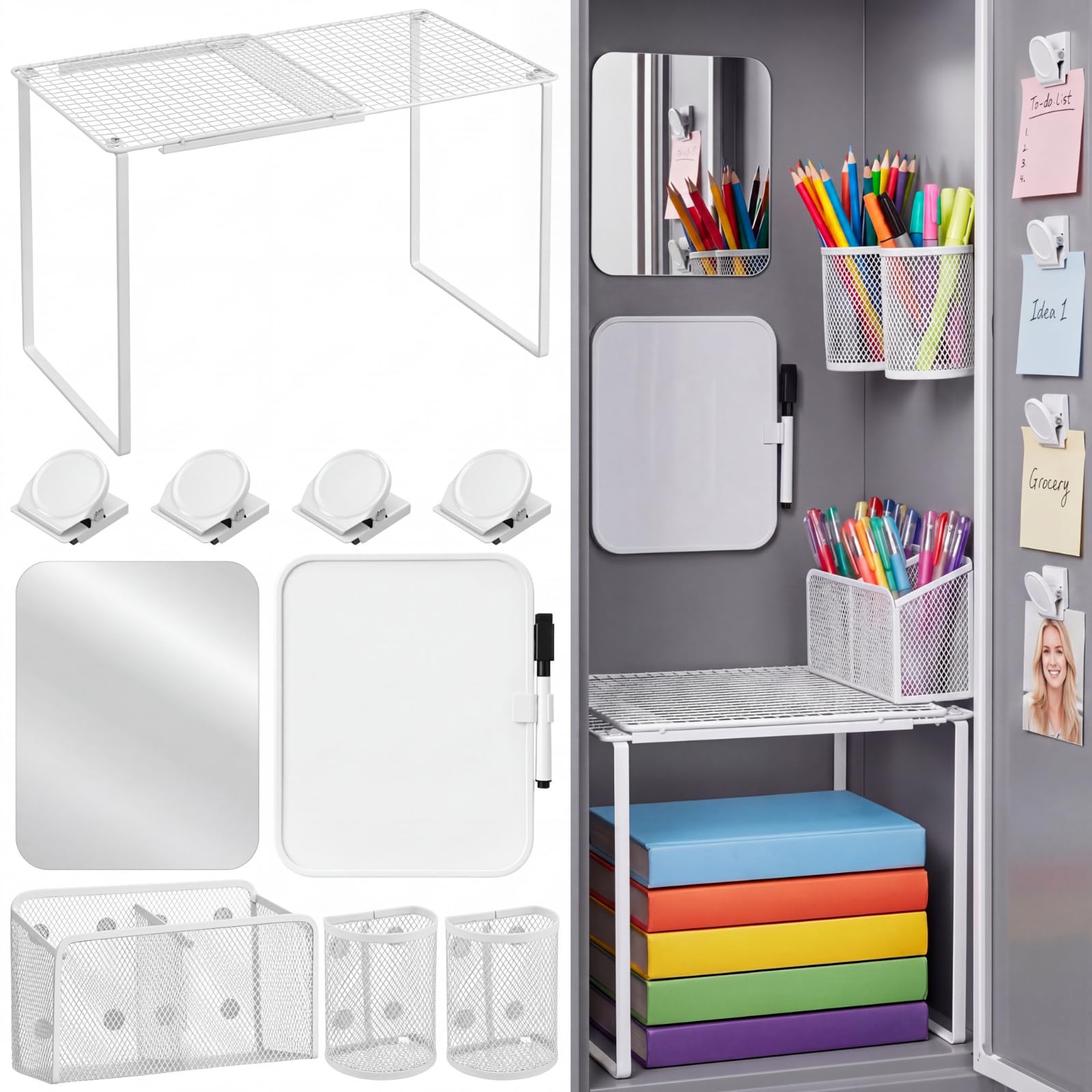 Colarr Étagère réglable pour casier avec accessoires magnétiques, étagère réglable de 26,1 à 38,1 cm avec porte-stylos magnétiques, étagères miroir pour casiers de salle de classe et d'école (blanc)