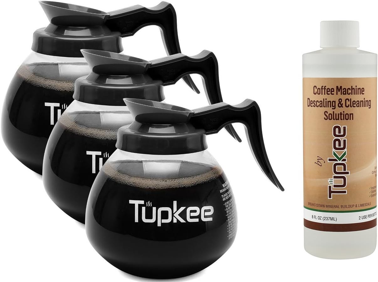 Glass Coffee Pots Decanter Carafe -Glass, 64 oz. 12-Cup, Set of 3 Black Handle + BONUS + Tupkee Coffee Machine Descaler & Cleaning Solution – For Drip Coffee Maker, Espresso and Keurig Coffee Machines