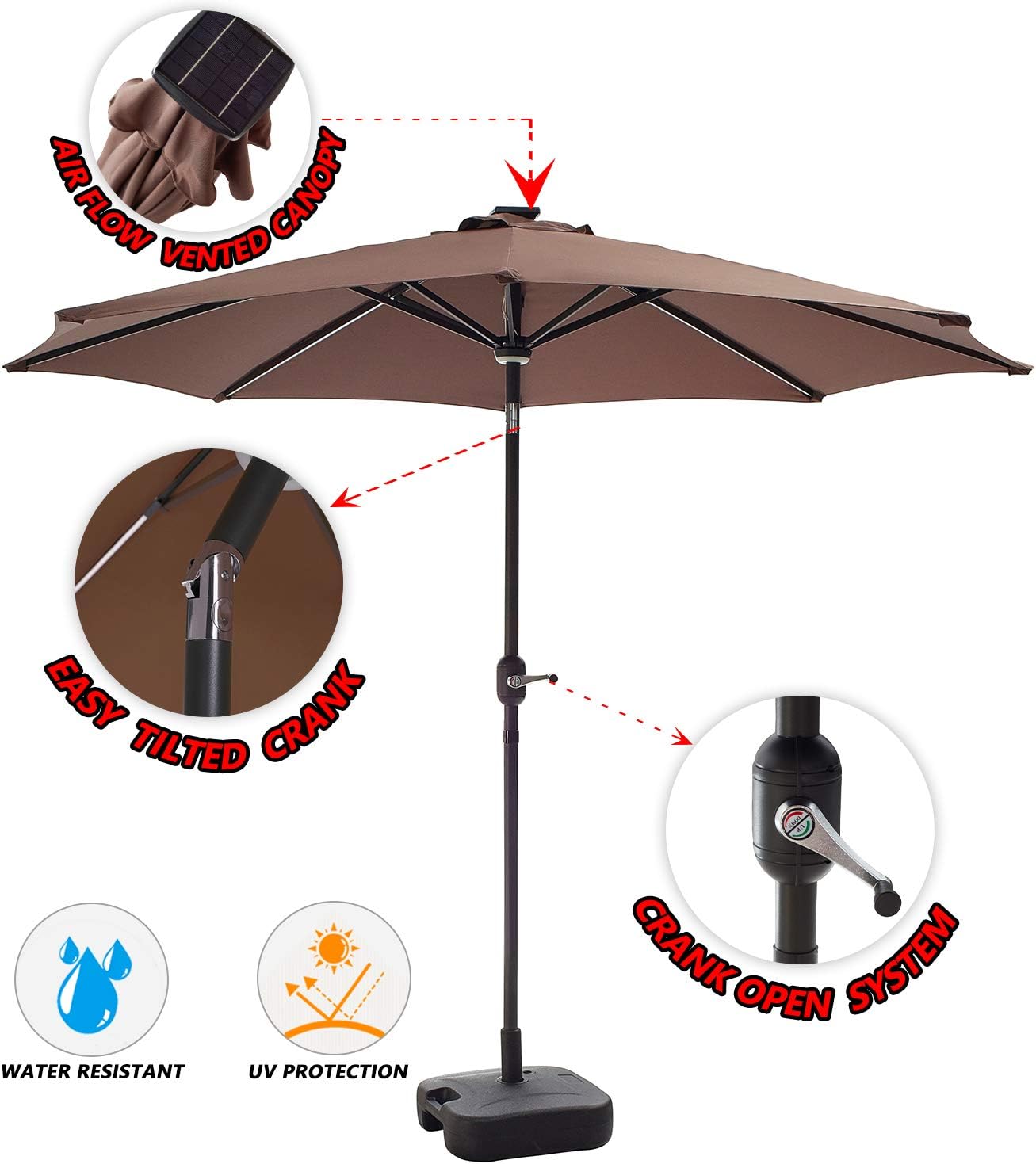 Festival Depot 8.8 FT Solar Patio Outdoor Umbrella with LED Lighted 360°Rotation Adjustment Tilt and Crank Outdoor Market Umbrella (8.8 FT Patio Umbrella and Base Coffee)