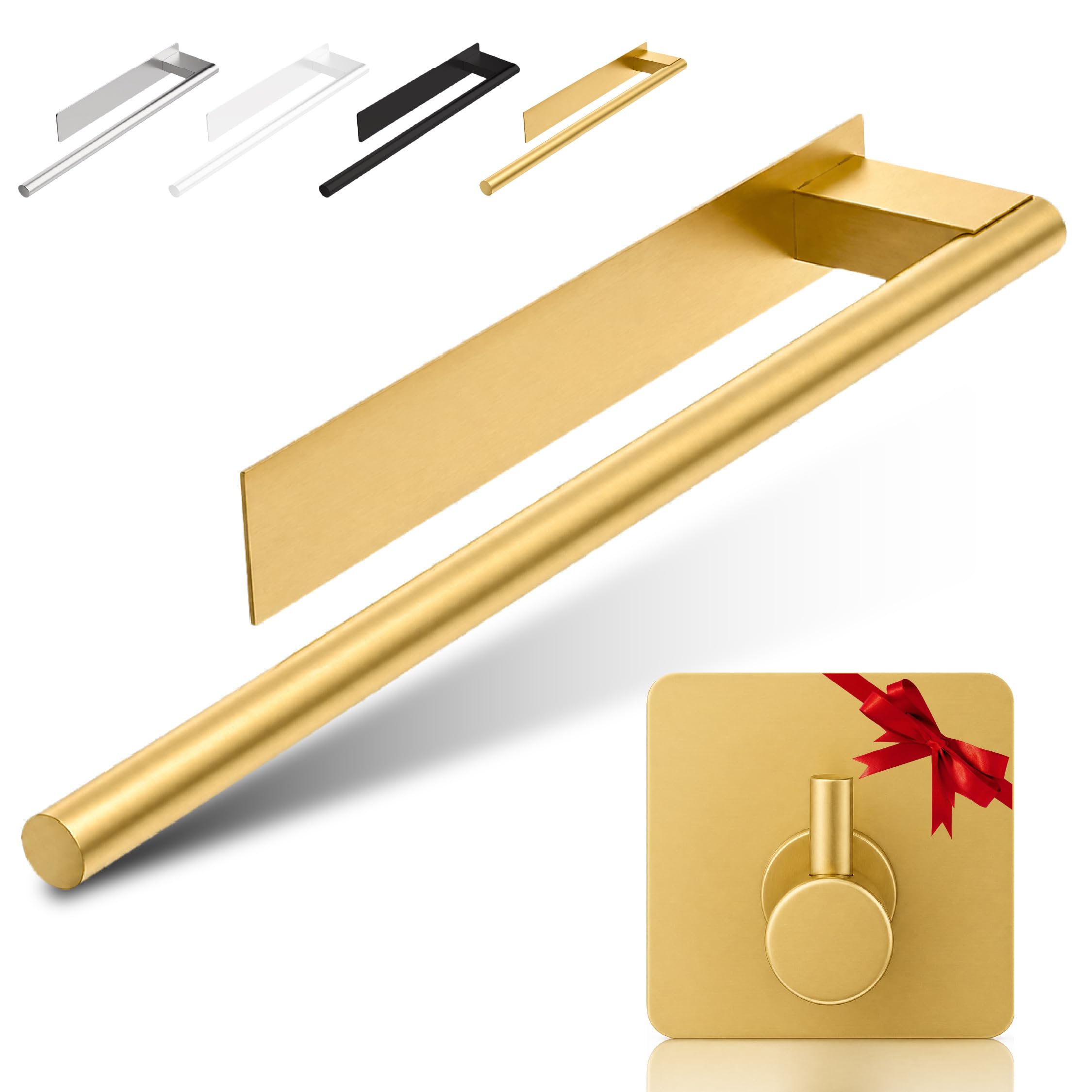 Toallero Adhesivo Dorado Baño Sin Taladro 39 cm, Acero Inoxidable, Barra para Toallas con Adhesivo 3M y Gancho de Regalo