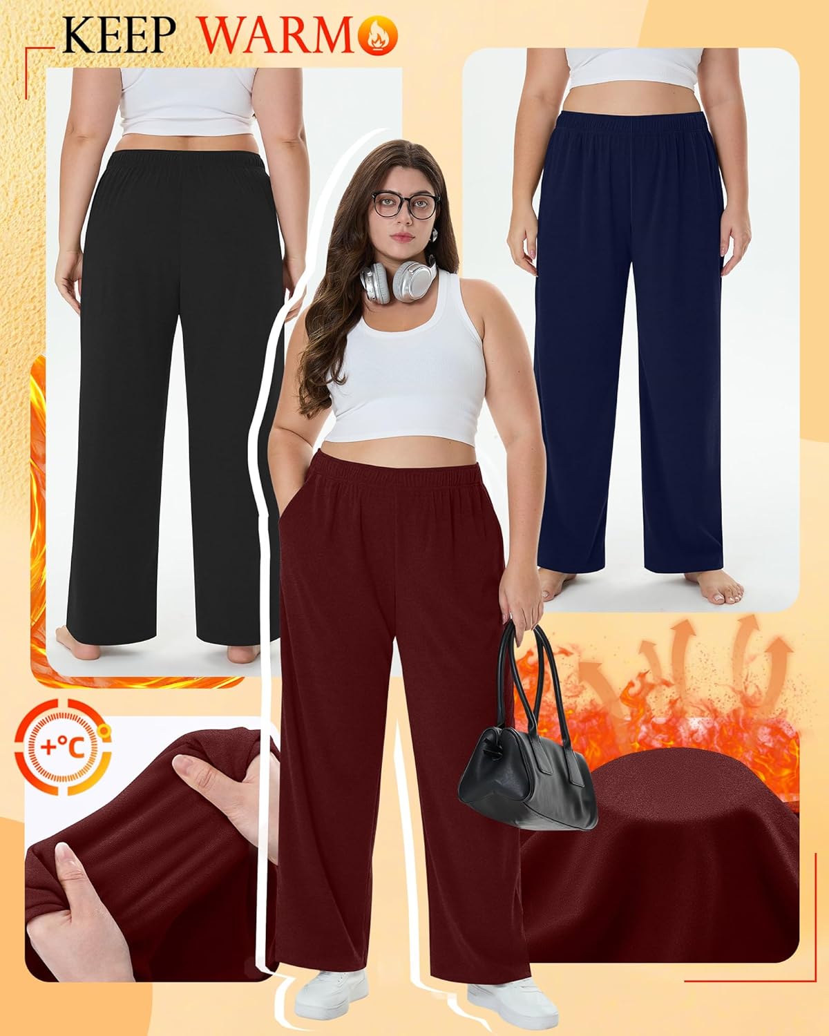 3 Pack Women's Plus Size Fleece Sweatpants Thermal Wide Leg Elastic Baggy Jogger Warm Pants Winter with Pockets - Image 5