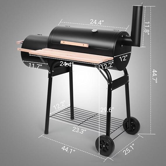 Outvita Charcoal Grill and Offset Smoker, Outdoor Patio Barbecue Cooker | With Wheels, Portable Backyard BBQ Oven, Side Fire Box, For Camping, Picnic, Party