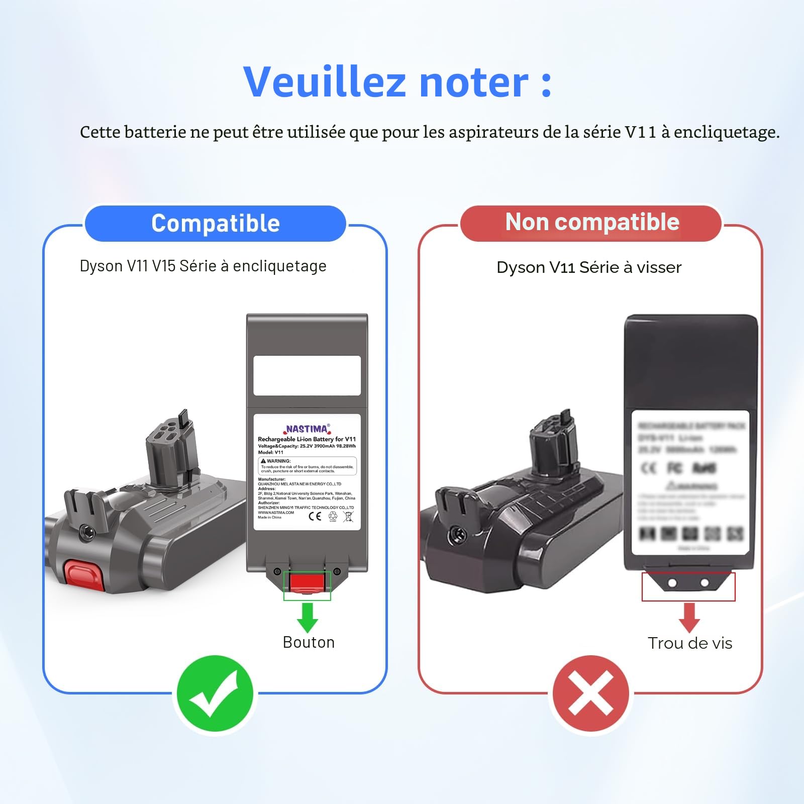 NASTIMA Batterie 25,2V 3900mAh Li-ION Batterie pour Dyson V11 V15 Click-in | Batterie de Remplacement pour Dyson V11 Animal/Absolute/SV15/SV18 Series Aspirateur, Ne Convient Pas Aux Modèles à Visser