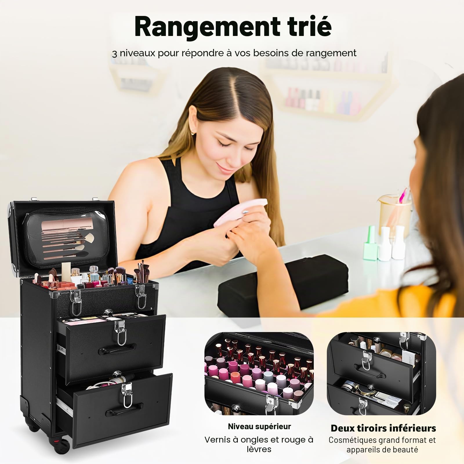 Valise de maquillage professionnelle à roulettes - Tiroirs et serrure - Grande - Pivotant à 360° - 36 x 23 x 58 cm - Noir