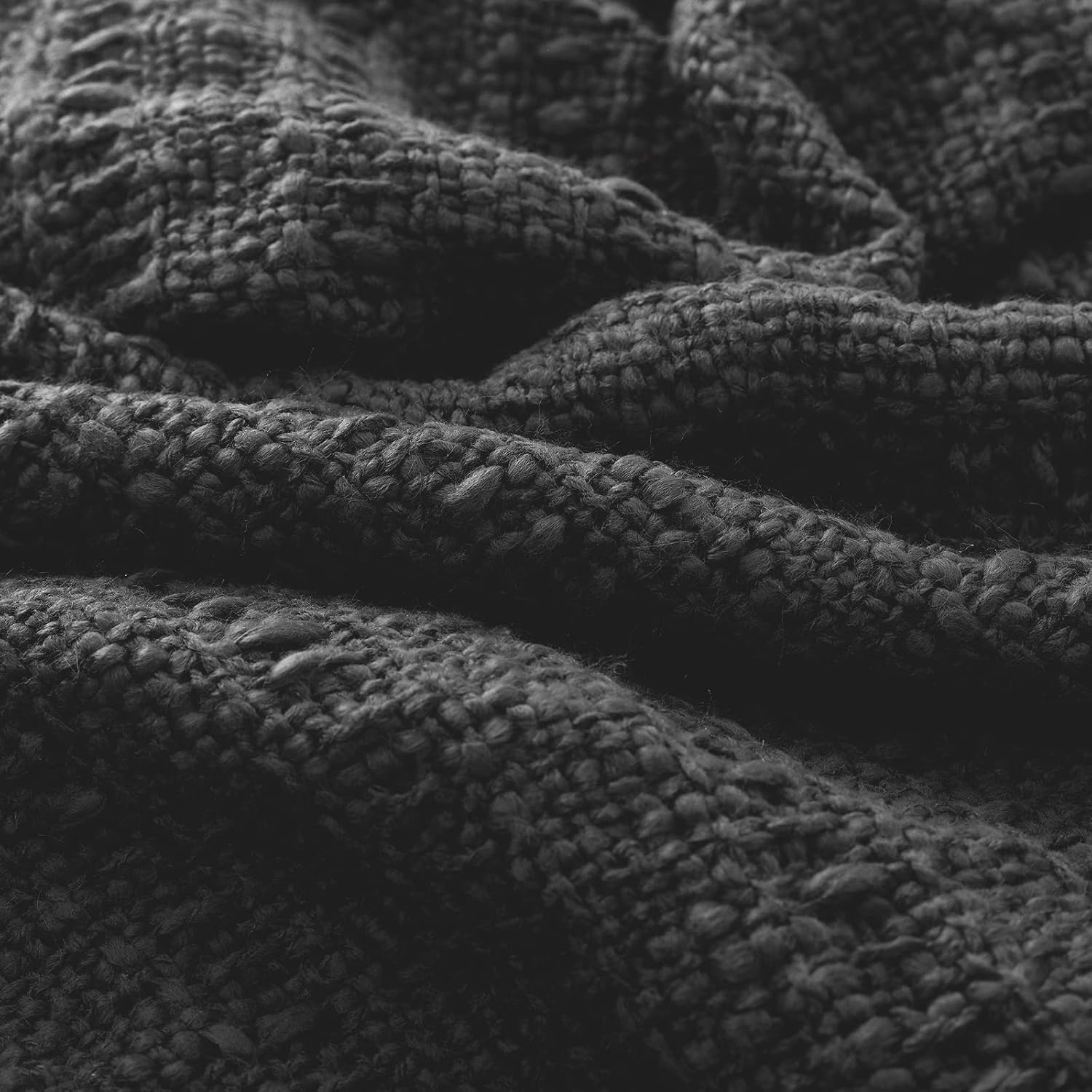 Thick Chunky Black Knitted Throw Blanket for Couch Chair Sofa Bed, Chic Boho Style Textured Basket Weave Pattern Blanket with Decorative Fringe, 60"x80"