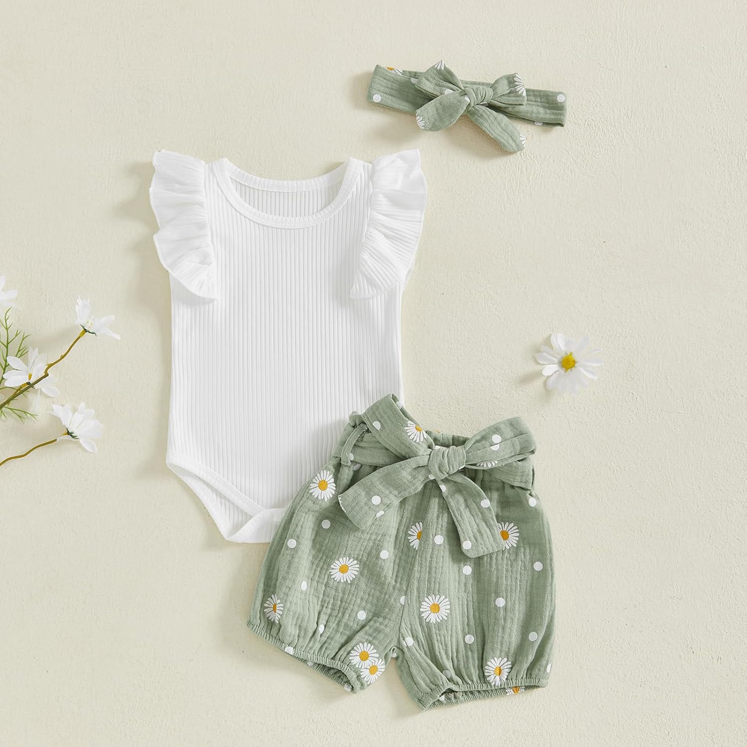 Mubineo Baby Girl Clothes Summer Outfits Cute Flower Romper Daisy Shorts Newborn Ruffle Bodysuit Outfit Sets - Image 2