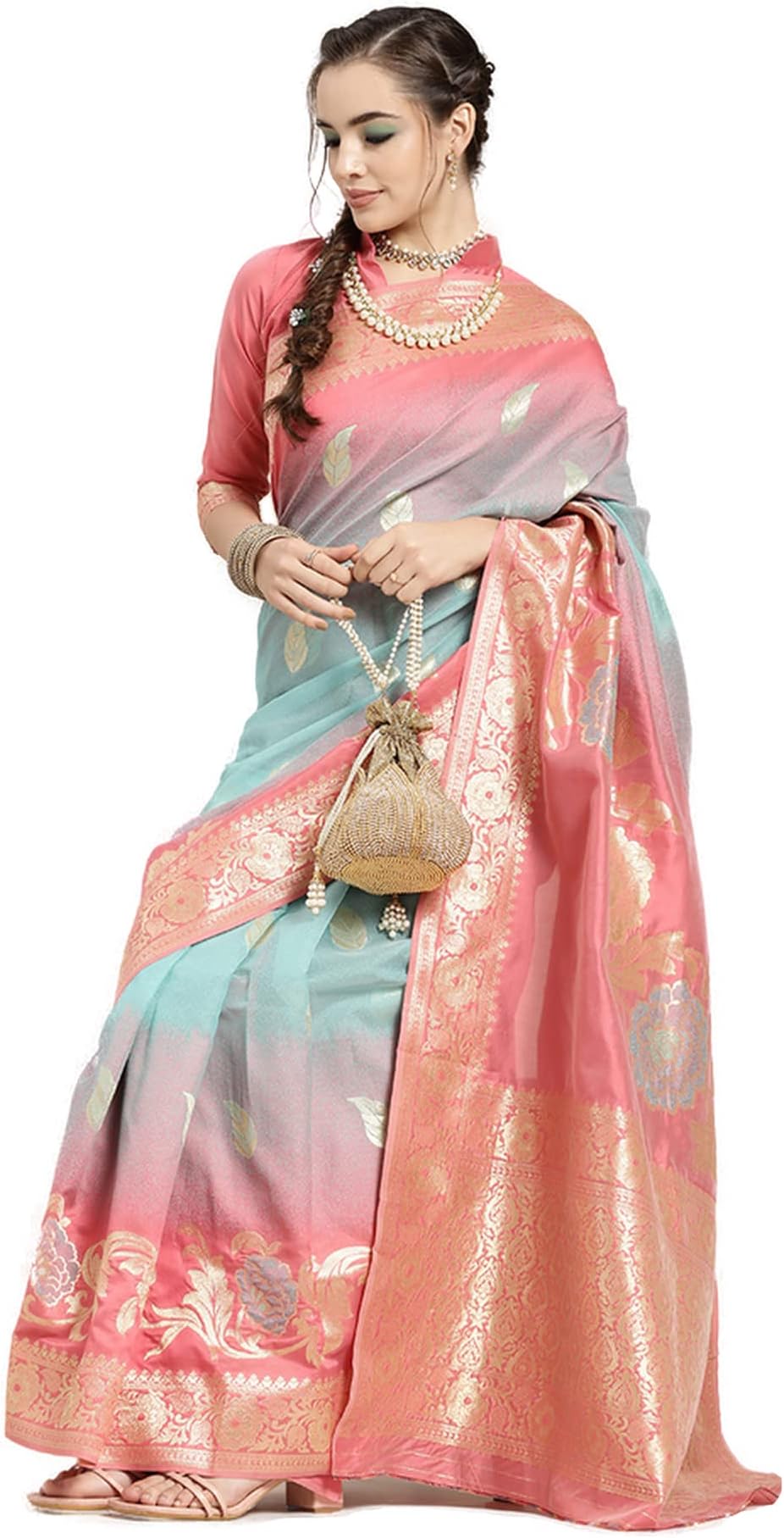 AKHILAM Women's Cotton Silk Botanical Woven Design Saree With Unstitched Blouse Piece