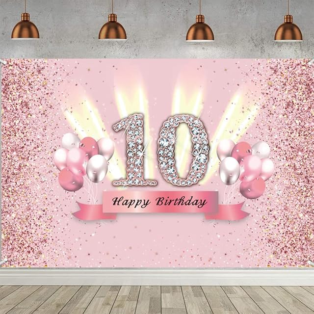 10th Birthday Banner 10th Birthday Decoration Rose Gold Party Decoration Girl, Fabric Sign Poster 10th Anniversary Party Birthday Banner Table Decoration Poster, Glitter Pink