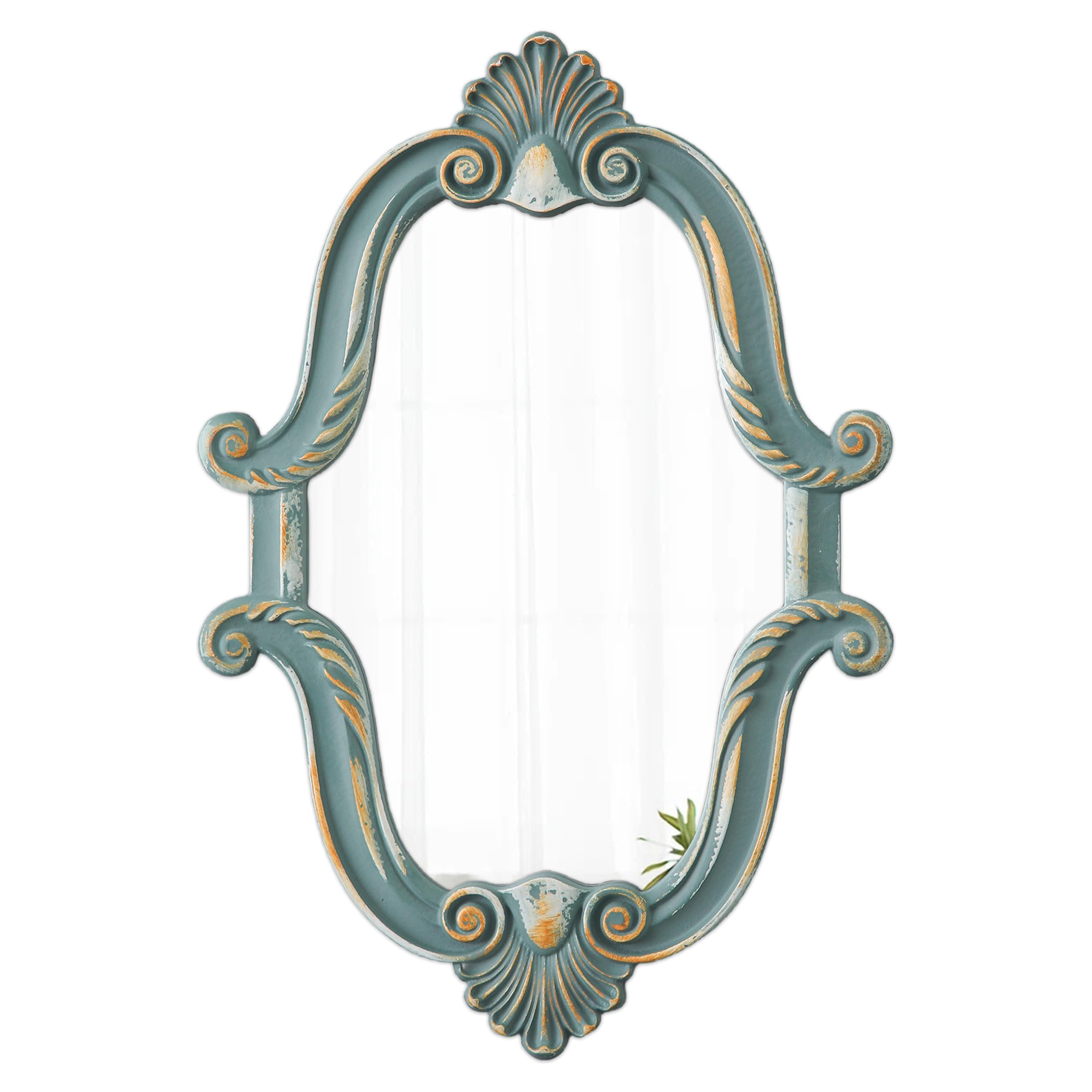 vintage oval mirrors for wall decor 16 x 23 inch, hanging distressed small turquoise wall art, rustic blue scalloped wood mirror for entryway bathroom living room, horizontal or vertical