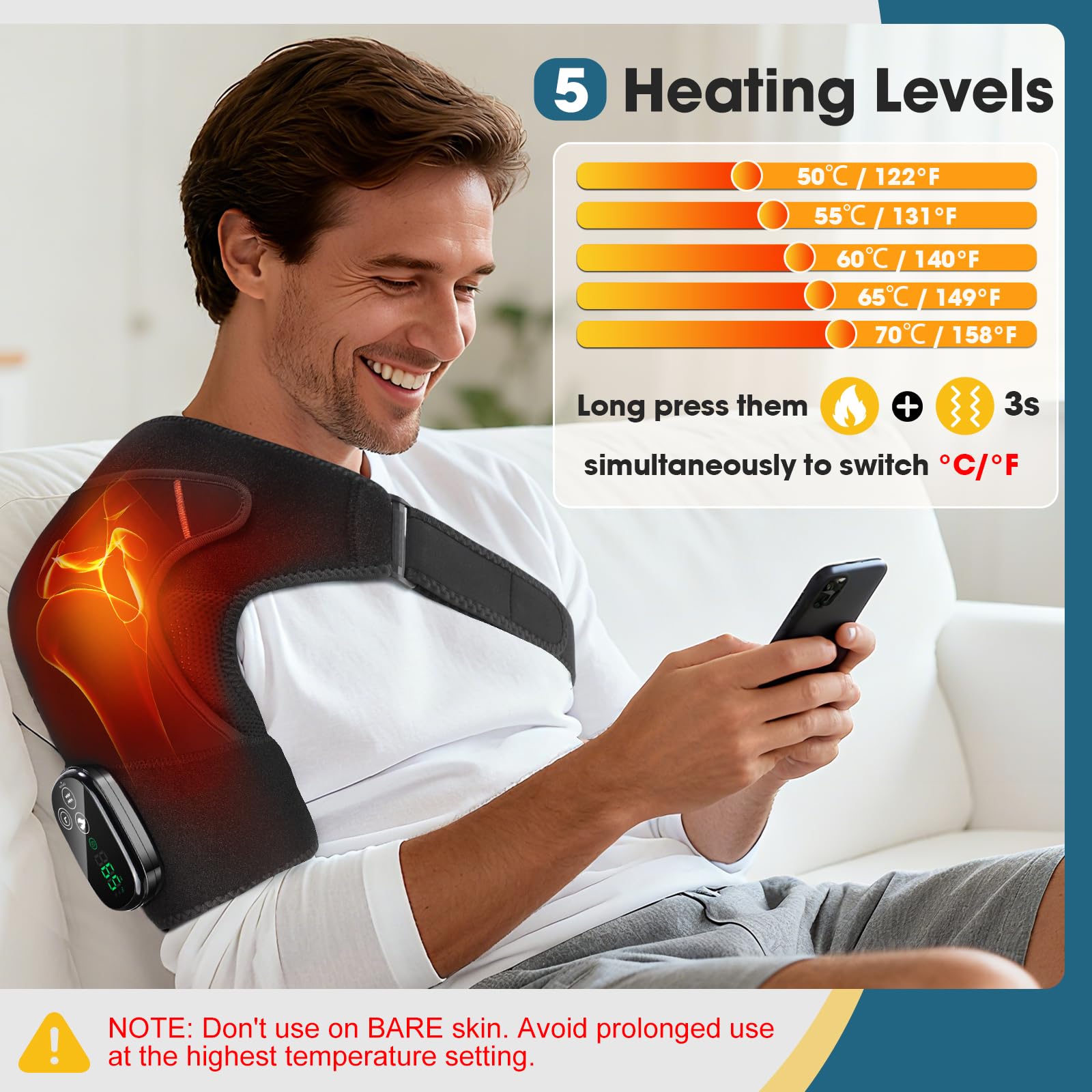 Coussinet Massant pour Épaules Chauffant Sans Fil, Attelle Chauffante pour Épaules Portable Avec Contrôle Écran Tactile, 5 Niveaux Chaleur, 5 Modes Vibration, Minuterie, 5000mAh, 4 Moteurs-Noir