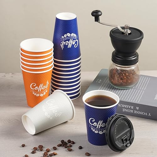 Miniatura 5 de Paquete de 100 tazas de café desechables de 12 onzas con tapas, tazas de café de papel de doble pared con aislamiento ondulado para bebidas