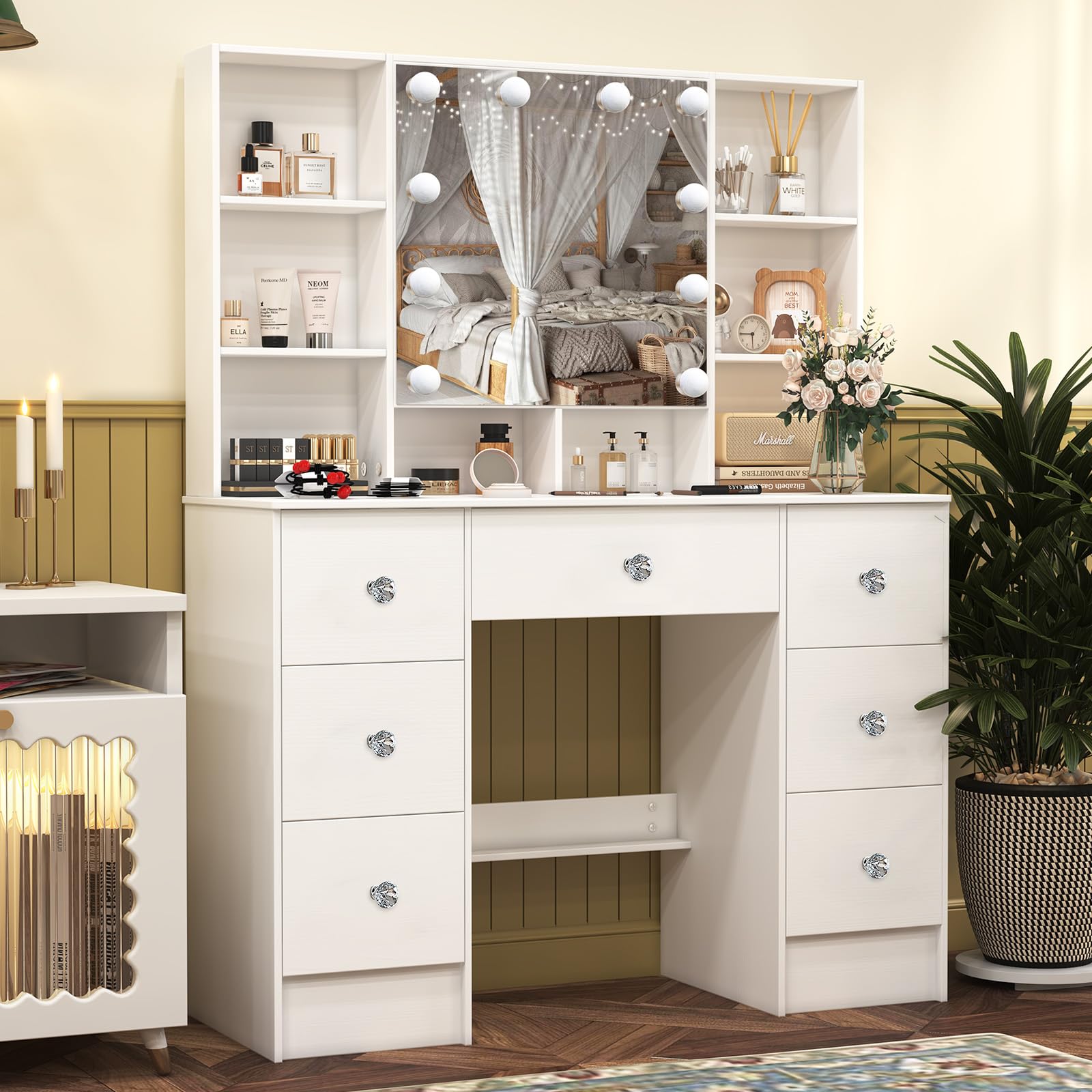 LIANWANG Large Vanity Table, Makeup Vanity with Mirror and Lights, 7 Drawers 8 Open Shelves, Hollywod Vanity Table for Girls and Women,100 * 40 * 140cm, Modern White