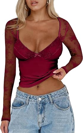 CSDAJIO Womens Sexy Going Out Tops for Women Sweetheart V Neck Long Sleeve Lace Top Low Cut Shirt
