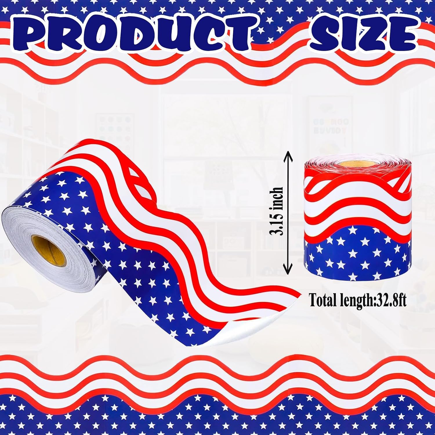32ft 4th of July Patriotic Bulletin Board Borders Stars and Stripes Die-Cut Bulletin Board Trims Self Adhesive Scalloped Borders Decorations Stickers for School Classroom Office Chalkboard