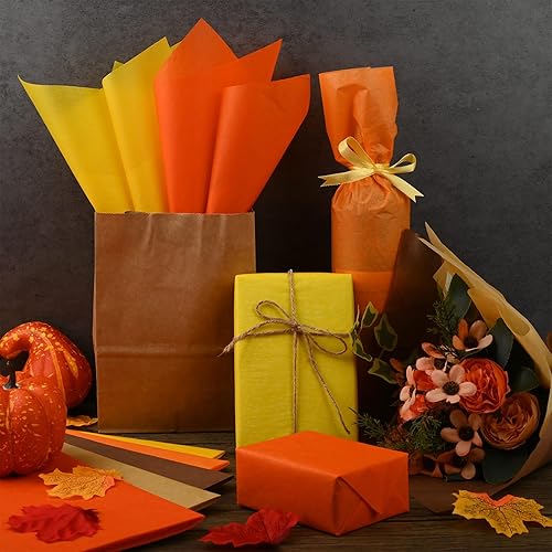 Miniatura 5 de 100 hojas de papel de seda con temática de otoño para envolver regalos, papel de seda de color marrón, caqui, naranja, amarillo, para bolsas de