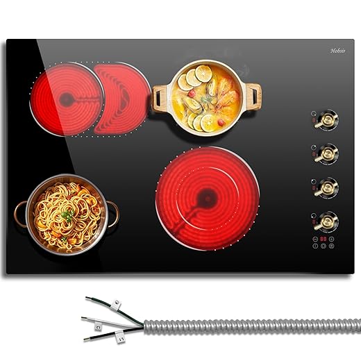 Hobsir 30 Inch Electric Cooktop, Knob Control Built-in Electric Stove with 4 Burners, 30 in Ceramic Stove Top Burner, Cooktop with Glass Protection Metal Frame, 220-240v 6700W, Hard Wired(No Plug)