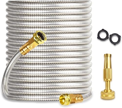 Miniatura 1 de Manguera de jardín de metal de 50 pies, resistente, ligera, 304 con boquilla de latón, accesorios duraderos, no se torceden ni se enredan,