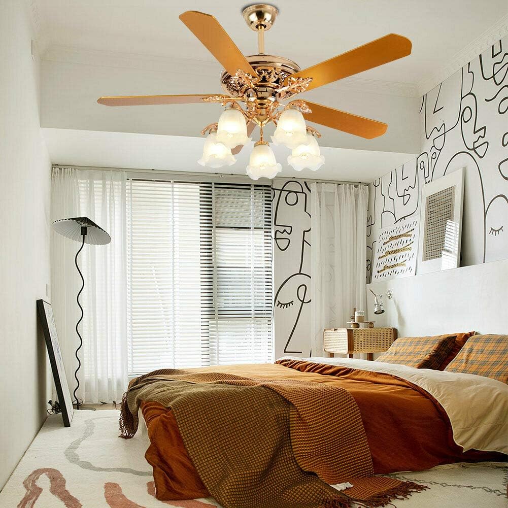 YIYIBYUS 52 Inch Tropical Ceiling Fan with Light Chandelier 5 Wooden Blades 5 Frosted Glass Lampshade, Innovative Indoor Bedroom Living Room Palm Rustic Quiet LED Fan Light