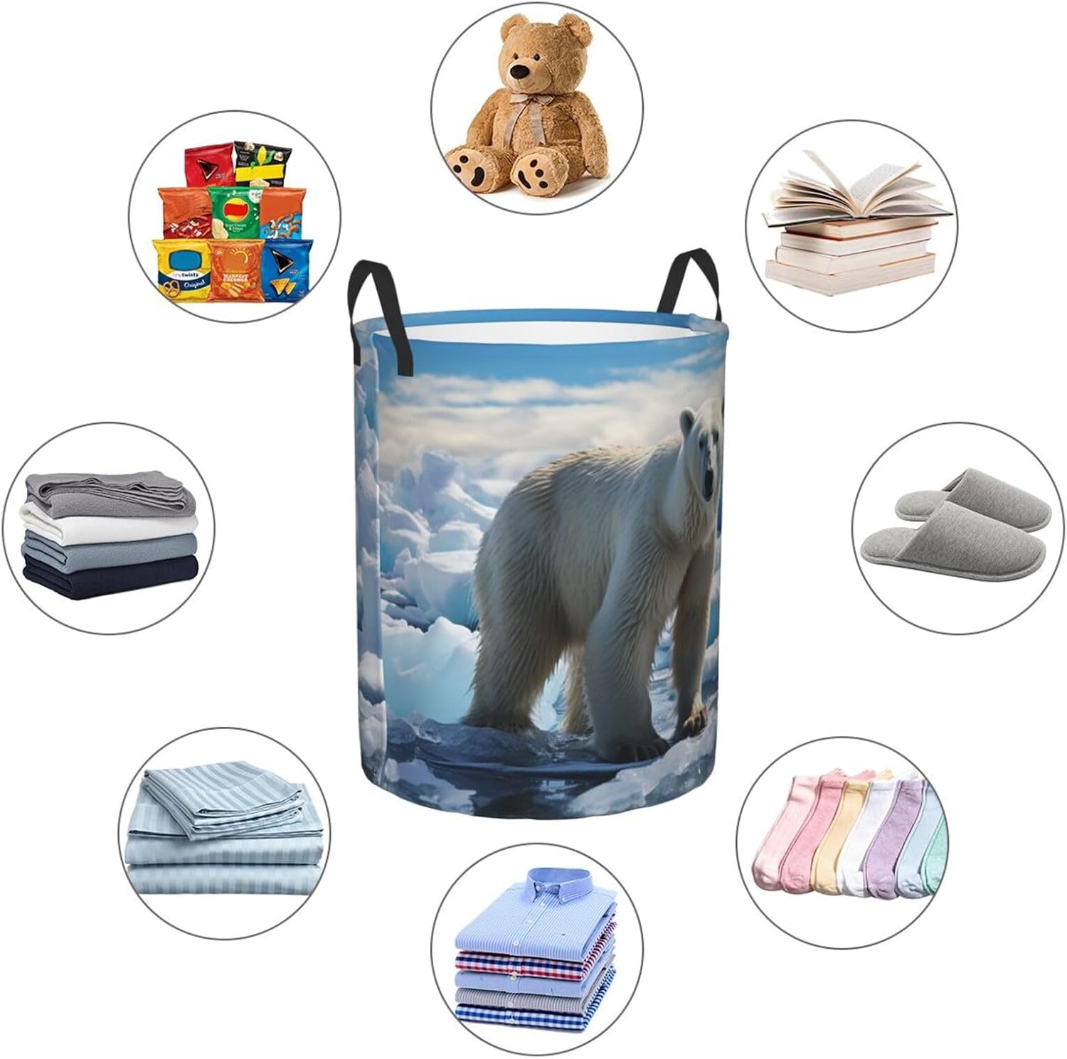 Laundry Basket Freestanding Polar Bear Ice Laundry Hamper Collapsible Tall Clothes Hamper with Handles Dirty Clothes Basket for Dorm Bedroom Travel Camping Bathroom Baskets