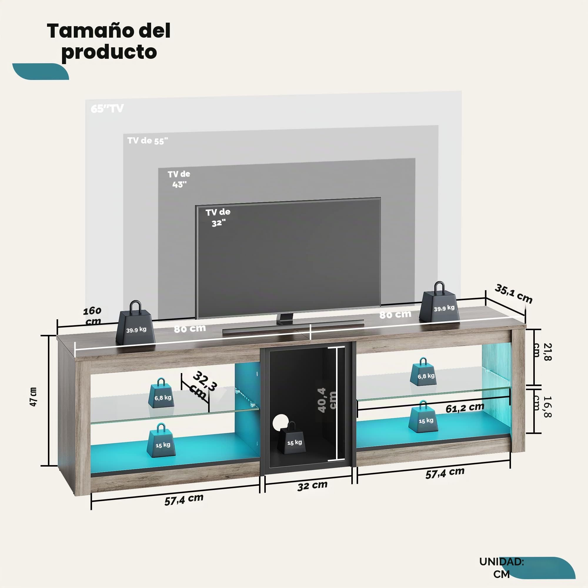 Bestier Mueble de TV bajo para TV de 65 pulgadas y televisores más pequeños, 160 x 35 x 52 cm, mueble de TV con luces LED RGB, mesa de TV con gestión de cables integrada, bandeja de cristal ajustable