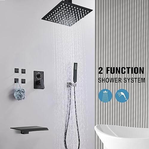 Miniatura 56 de Juego de grifo de ducha de 12 pulgadas, montaje en techo, sistema de ducha de lluvia de alta presión, combo de rociador de ducha de lluvia cuadrado