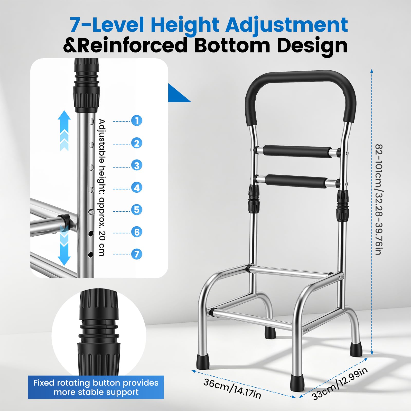 Bastone Passeggio, Stampelle Ausilio Per Deambulazione Supporto Per Alzarsi Per Anziani Ausilio Sedersi Regolabile In Altezza Su 7 Livelli Bastone A Quattro Punte Supporto Stare In Piedi (82–101 Cm)