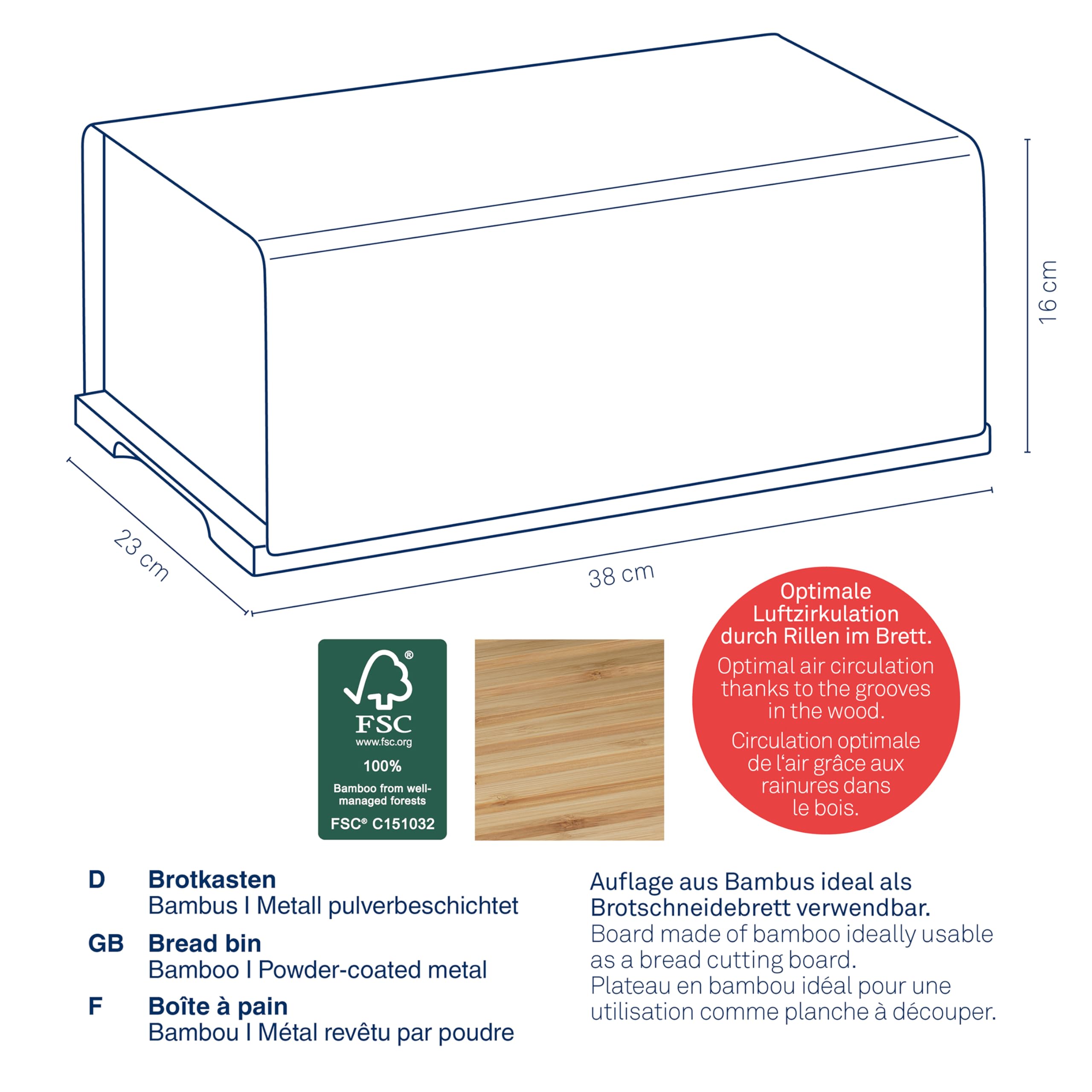 kela Brotkasten schwarz 38x23x16cm, FSC Bambusauflage als Schneidebrett, matte Metall Brotbox, KIRIL, Brotaufbewahrungsbox