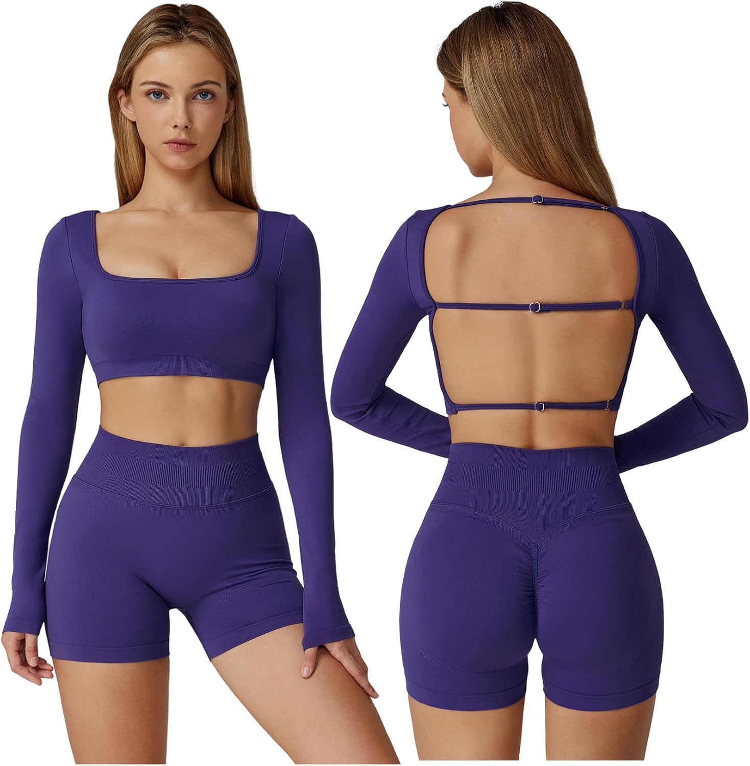 ABOCIW Workout Sets for Women 2 Piece Seamless Long Sleeve Crop Top Scrunch Butt High Waisted Shorts Gym Sets