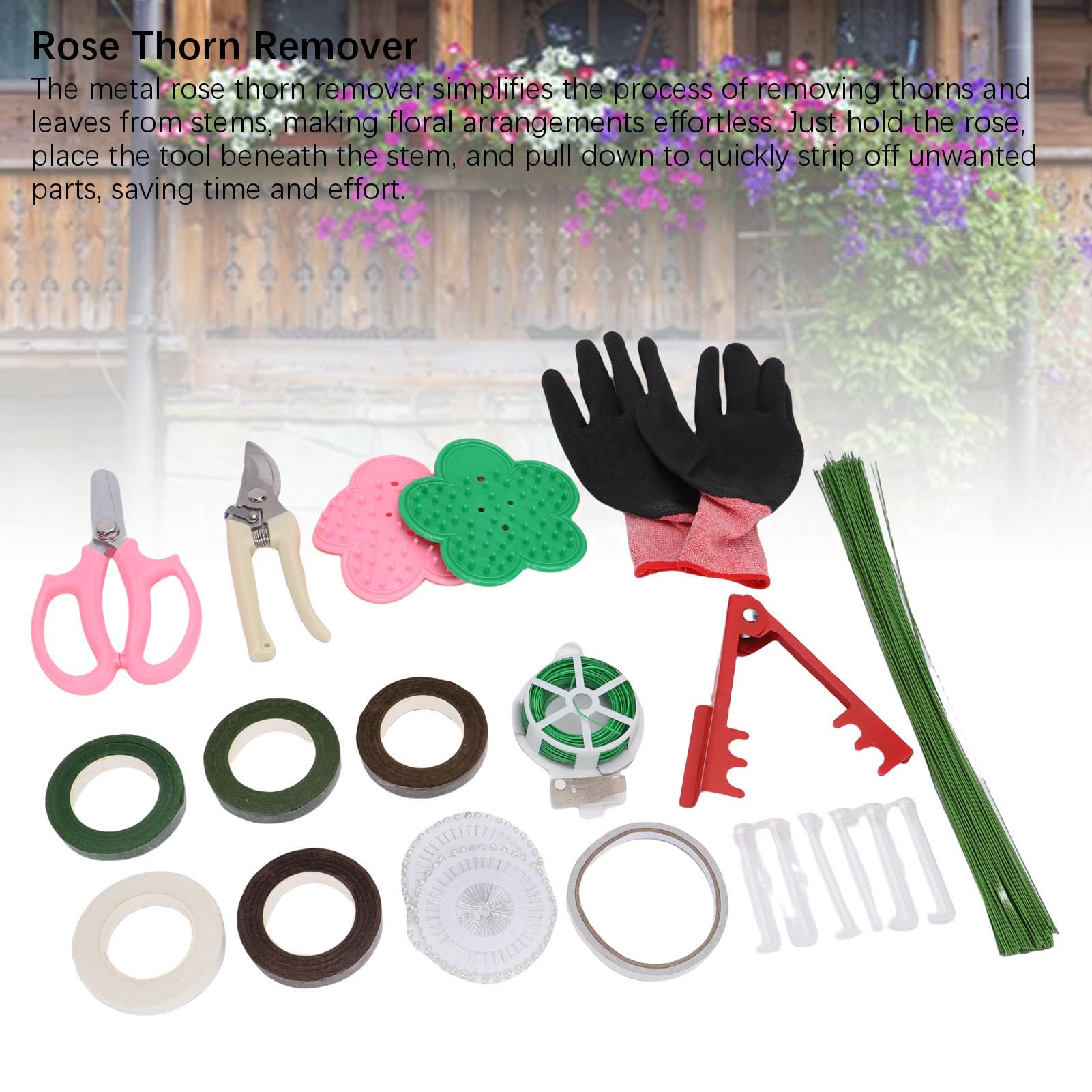 Kit de Herramientas para Arreglos Florales, Suministros para Hacer Ramos con Quitaespinas de Rosas, Tijeras, de Jardinería, Alfileres para Ramilletes, Cintas de Agua, Alambres para Tallos