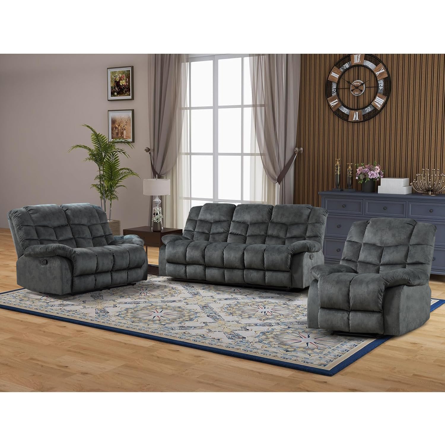 canmov manual reclining sofa set, 3 pieces sofa set, manual recliner chair, reclining loveseat and 3-seat sofa for living room, furniture set, grey 