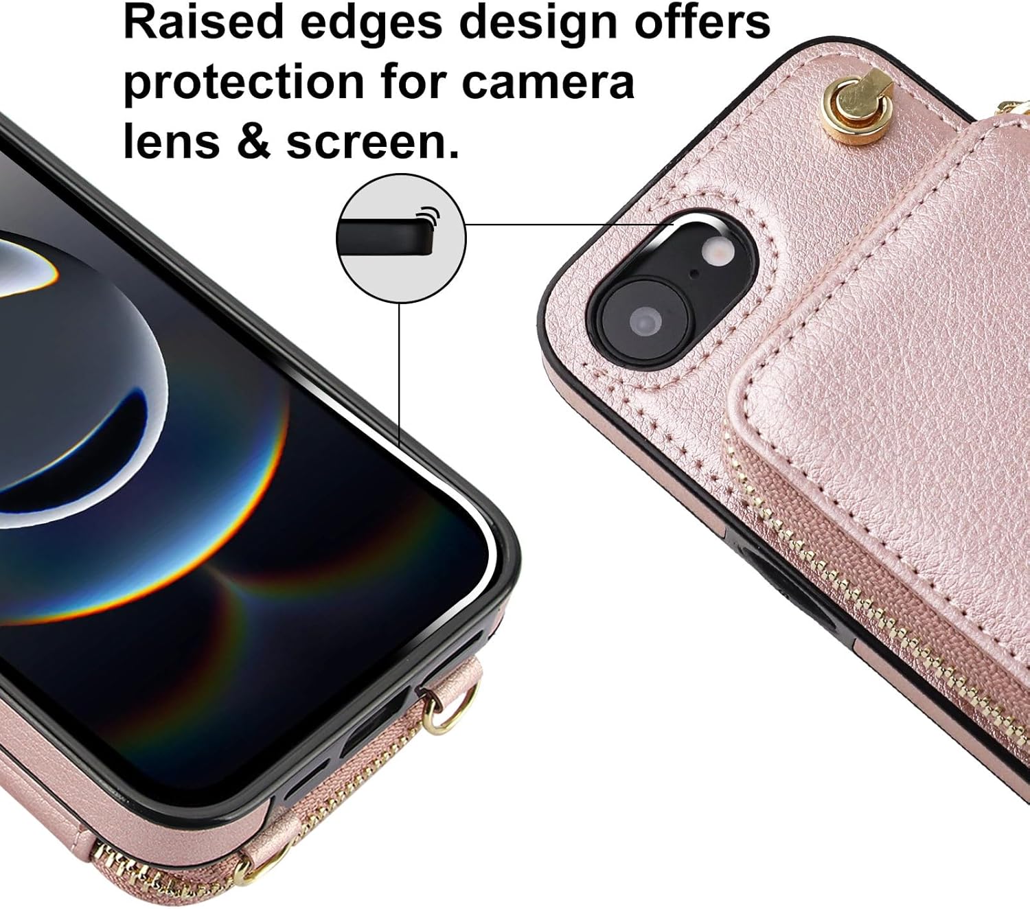 Bocasal for MagSafe Crossbody Wallet Case Compatible with iPhone 17e/16e, RFID Blocking Protective Purse Case with Card Slots Holder Kickstand Wrist Strap Lanyard Zipper 6.1 Inch 5G (Rose Gold)