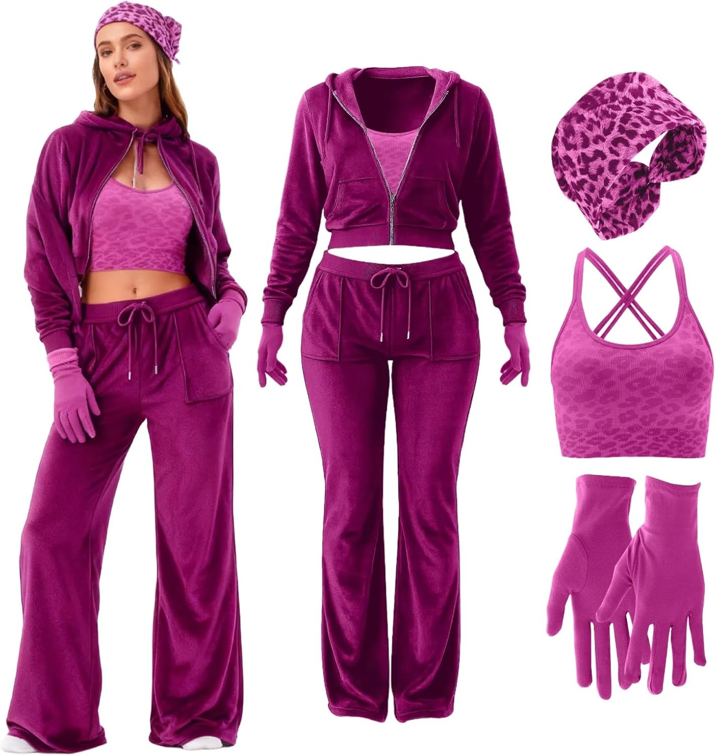 Mepase 5 Pcs Velour Tracksuit Set Women Cozy Velour Outfit Leopard Print Sports Bra Headband Gloves for Halloween Costume