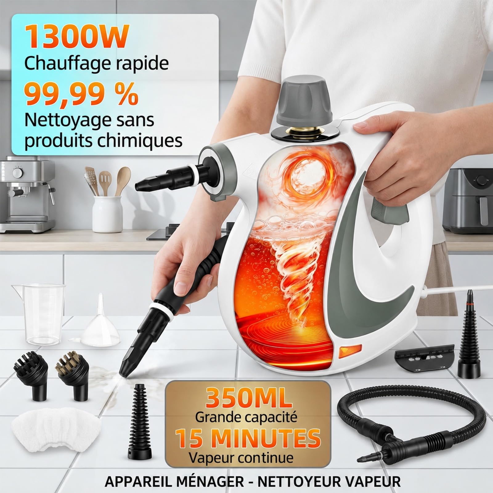 Nettoyeur vapeur à main portable 135 °C, pression 3,5 Bar, kit avec 9 accessoires multifonctions, nettoyeur à vapeur haute température pour salle de bain, cuisine, joints, sols