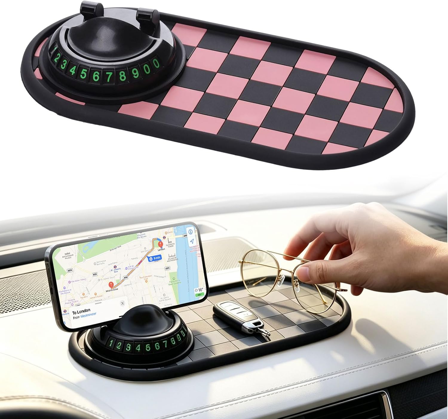 Car Buddy Dashboard, Multifunctional Car Anti-Slip Mat, 360° Rotatable Phone Holder Dashboard Organizer Pad with Hidden Parking Number for Phones, Sunglasses, Keys & Daily Essentials (Grey)
