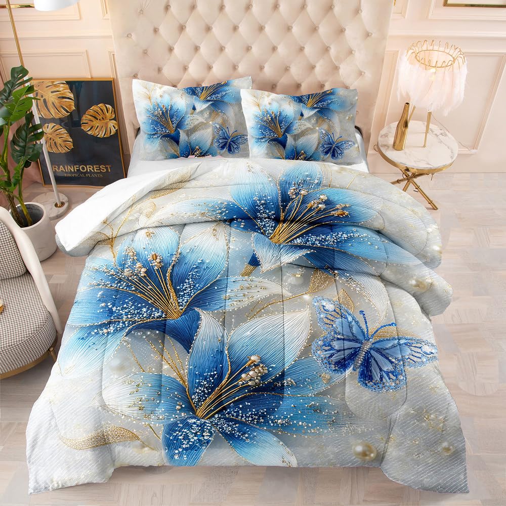 Couette respirante 240x220 fleur bleue 4 saisons en microfibre