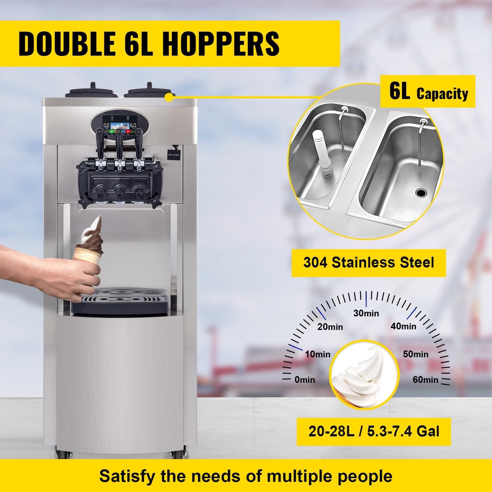 Machine à Crème Glacée professionnelle 2200W Machine à crème glacée italienne 20-28L/h 3 Saveurs Pré-refroidissement et Autonettoyage Panneau LED pour Yaourt Café Snack-Bar Glacier Restaurant
