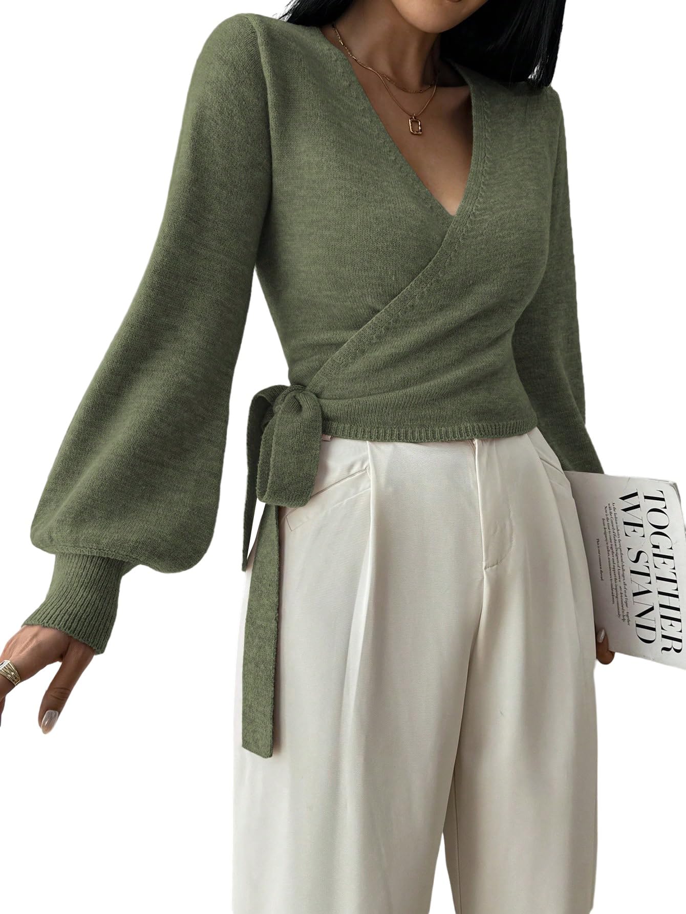 GORGLITTER Maglione da donna elegante con fiocco, maglia a V, maglione invernale a maniche lunghe, per autunno