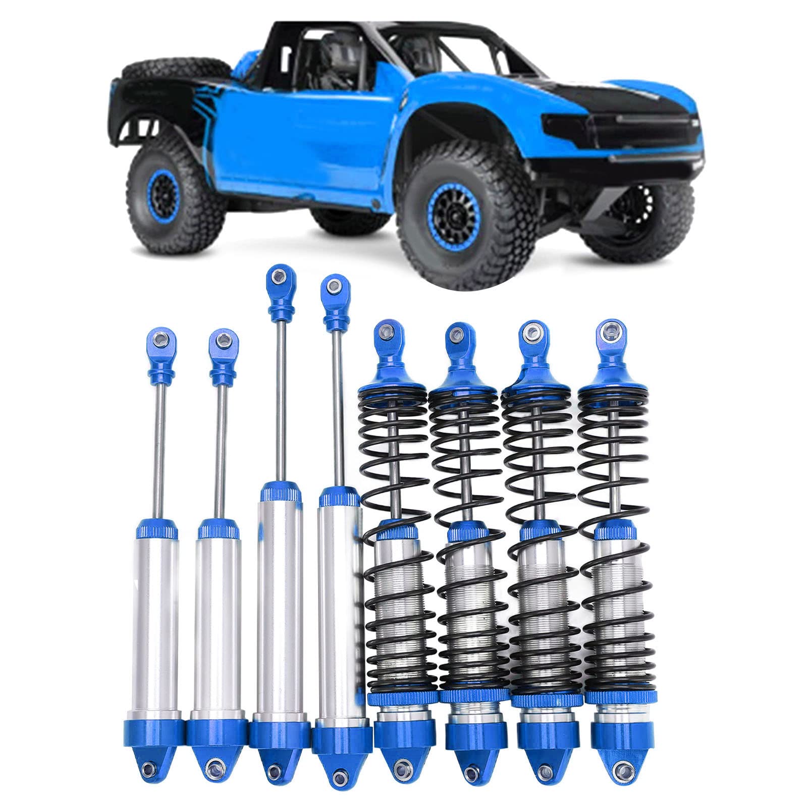 Zestaw amortyzatorów RC Wysokowydajne amortyzatory przednie i tylne ze stopu aluminium Amortyzatory do samochodu zdalnie sterowanego TRAXXAS UDR w skali 1/7 4 sprężyny 4 (Ciemnoniebieski)