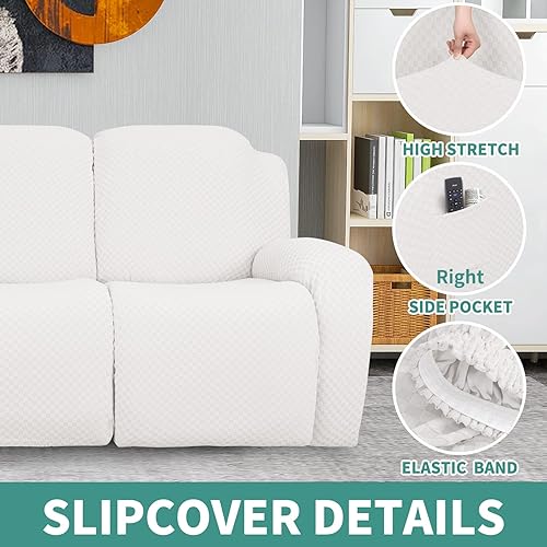 Vista 101 de YEMYHOM Funda elástica de 4 piezas para silla reclinable de jacquard con bolsillo lateral, antideslizante, ajustable, protector de muebles con parte