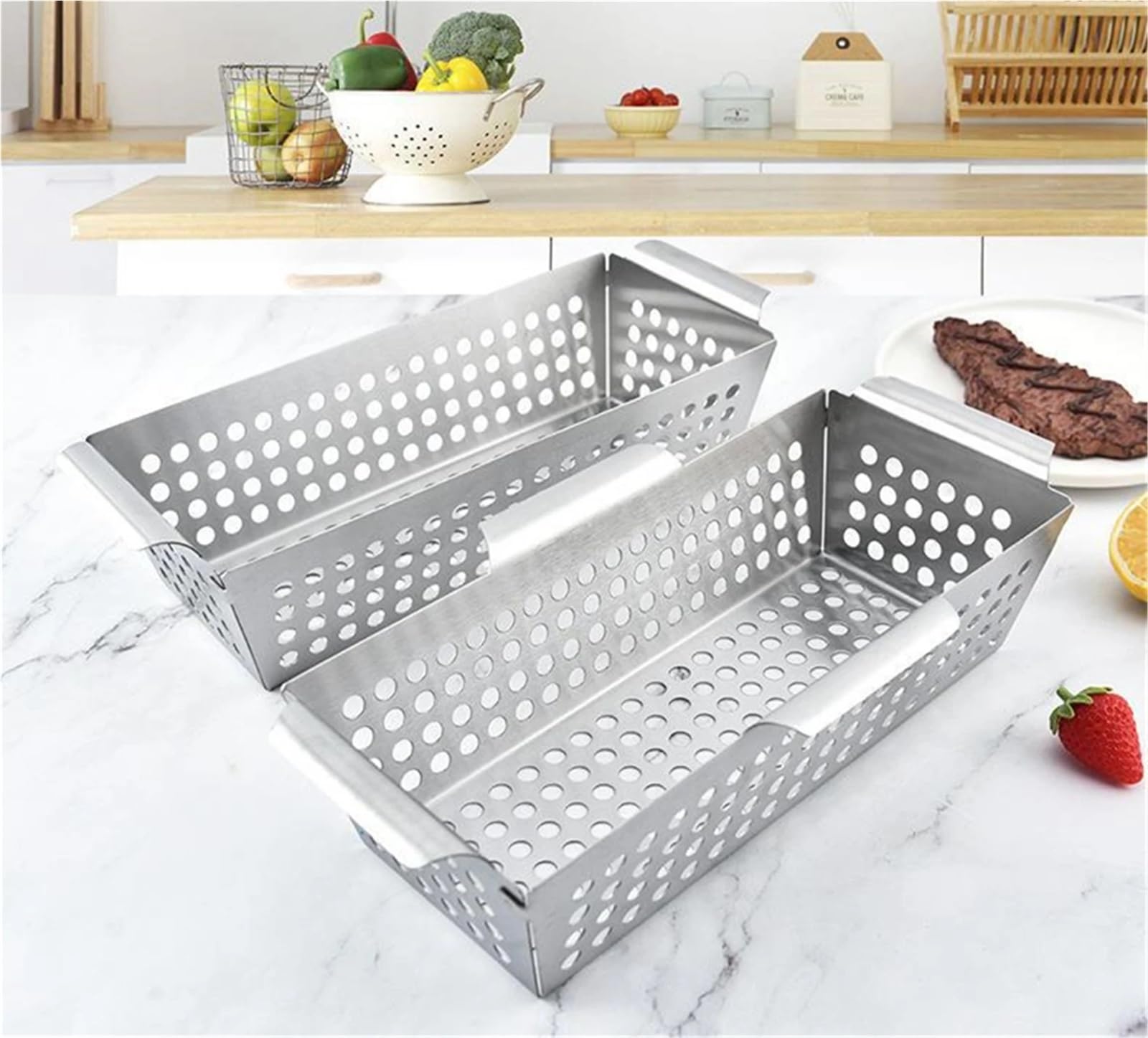 Kohlekorb Gemüse-Grillkorb, Edelstahl, undichte Bratpfanne, Grill-Werkzeuge und Gadgets for den Außenbereich(S)
