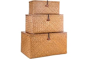 Decorative Wicker Storage Bins with Lids,Woven Seagrass Storage Baskets for Kids Toys,Shelves,...