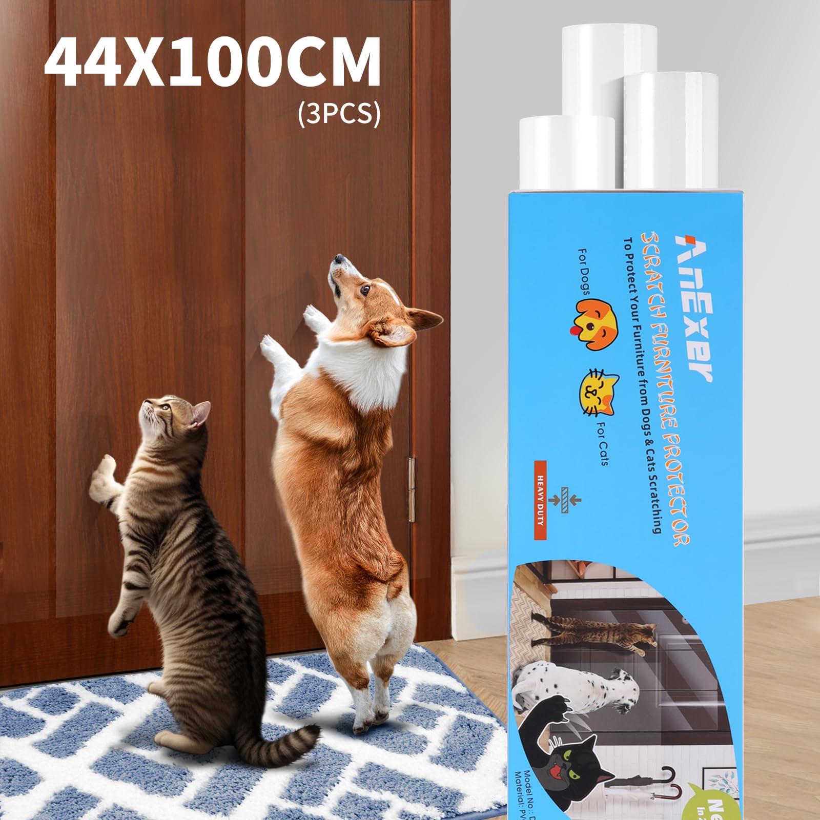 Protector Anti-Arañazos de Puertas [3-Rollos], Protector de Muebles Gatos Resistente, Protector Anti-Garras de Perros y Gatos, Disuasorio PVC Autoadhesivo Pegatina para Puerta/Pared - 44x100cm