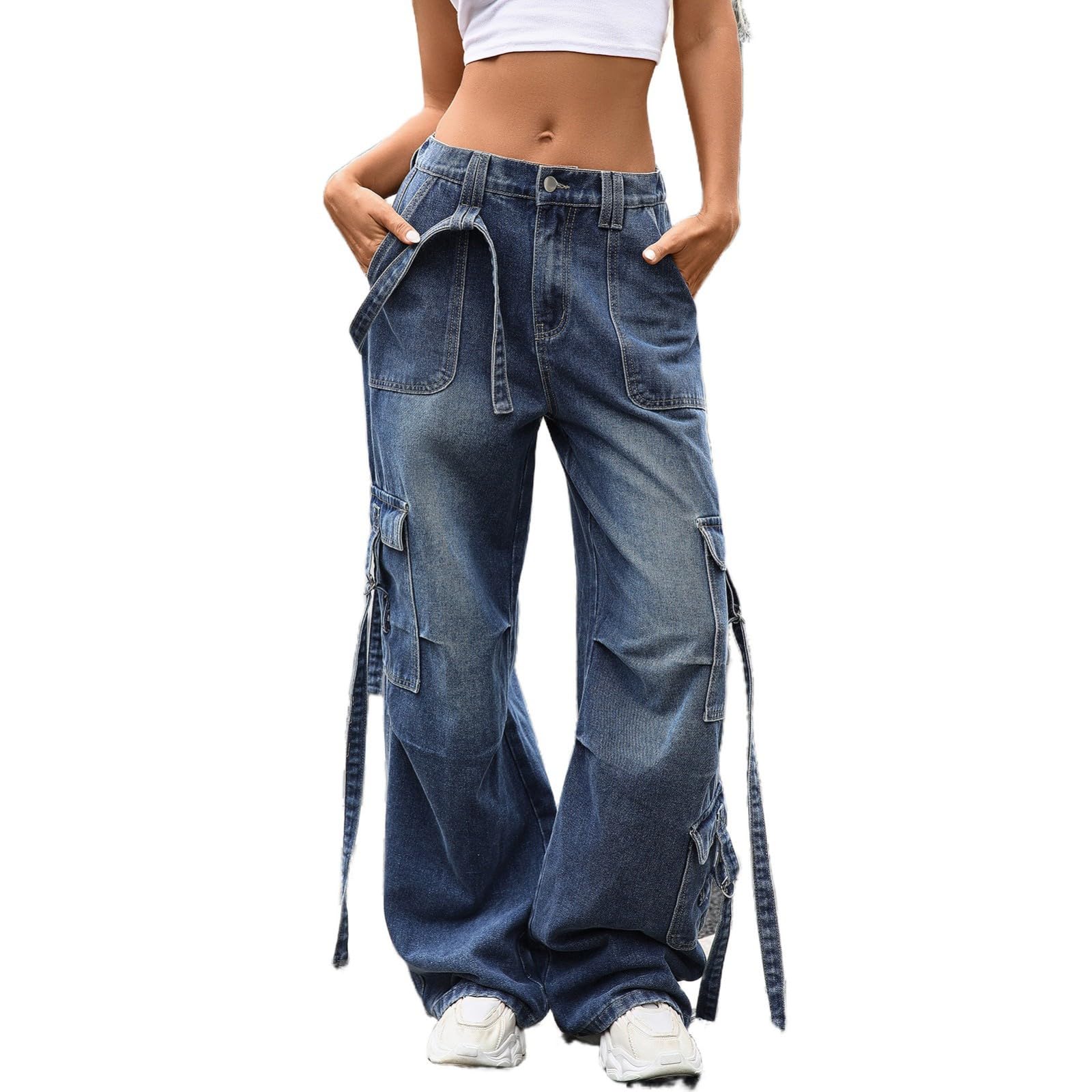 Pantalon de Jogging Femme Ample Bas Large Pantalon décontracté femme en jean délavé taille haute à jambes larges avec ceinture ajustable et poches multiples pour un style confortable et tendance