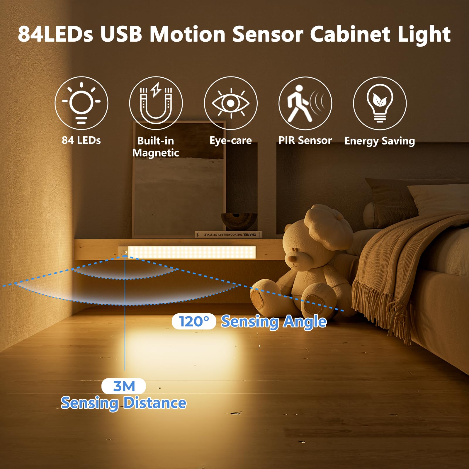 Lámpara LED para armario de cocina, 43,5 cm, 2 unidades, blanco cálido con detector de movimiento, batería interior, luz de armario, barra de luz USB con sensor para armario, armario, maletero, RV | Barra de iluminación LED para armario, barra de luz con