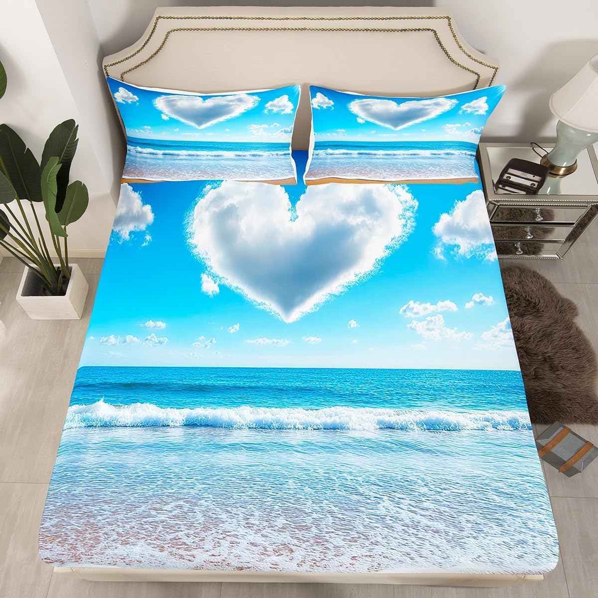 Drap Housse 180x200 cm Océan, 3D Mer Bleue Drap-Housse en Microfibre, Drap Plat 2 Personnes avec 2 Taie d'oreillers pour Matelas Épais C.L651