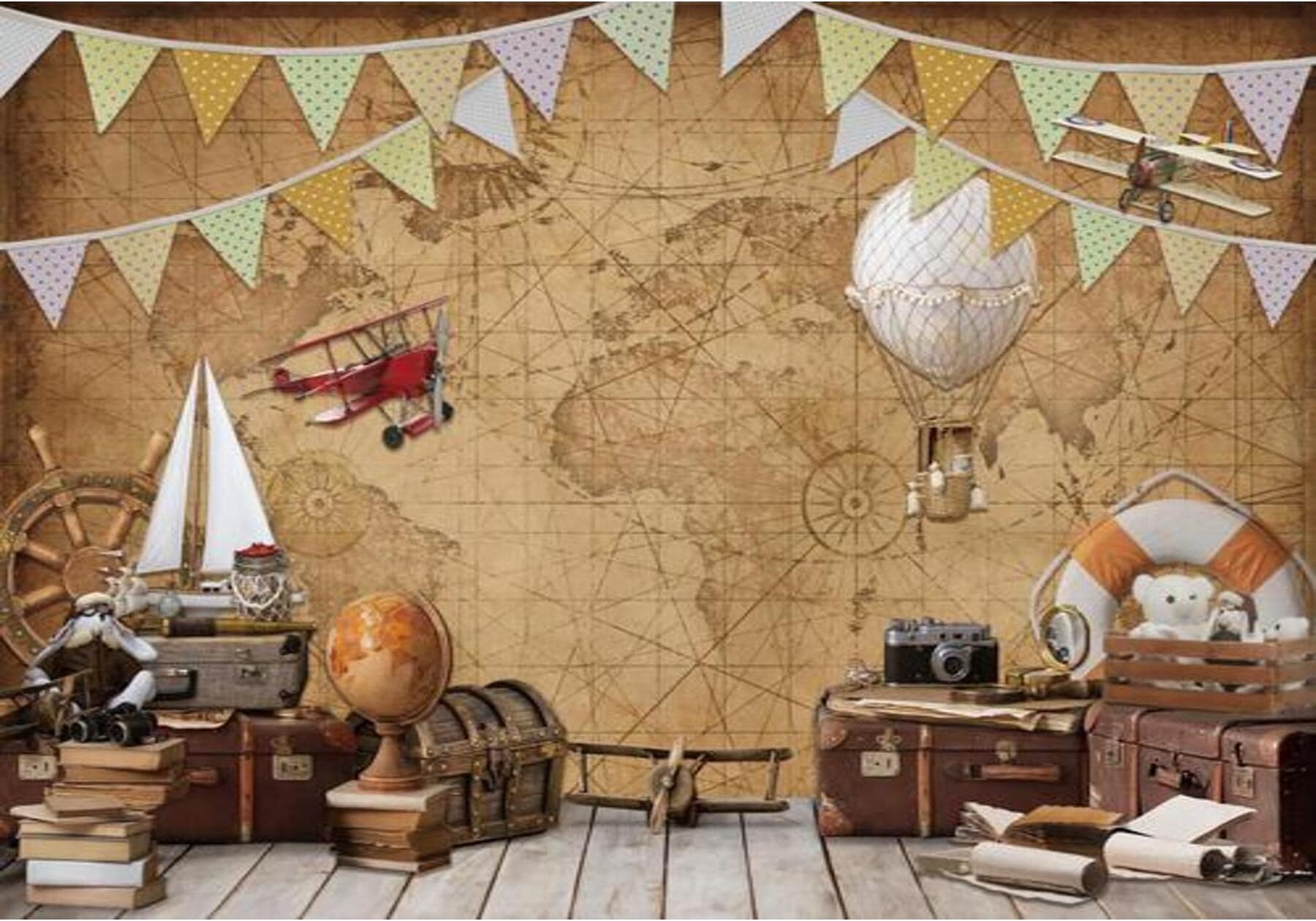 7x5ft Fabric Around World Map Photography Backdrop Adventure Airplane Hot Air Balloon Vintage Background Travel Theme Little Aviator Kid Boy Birthday Party Decor Baby Shower Photo Shoot1